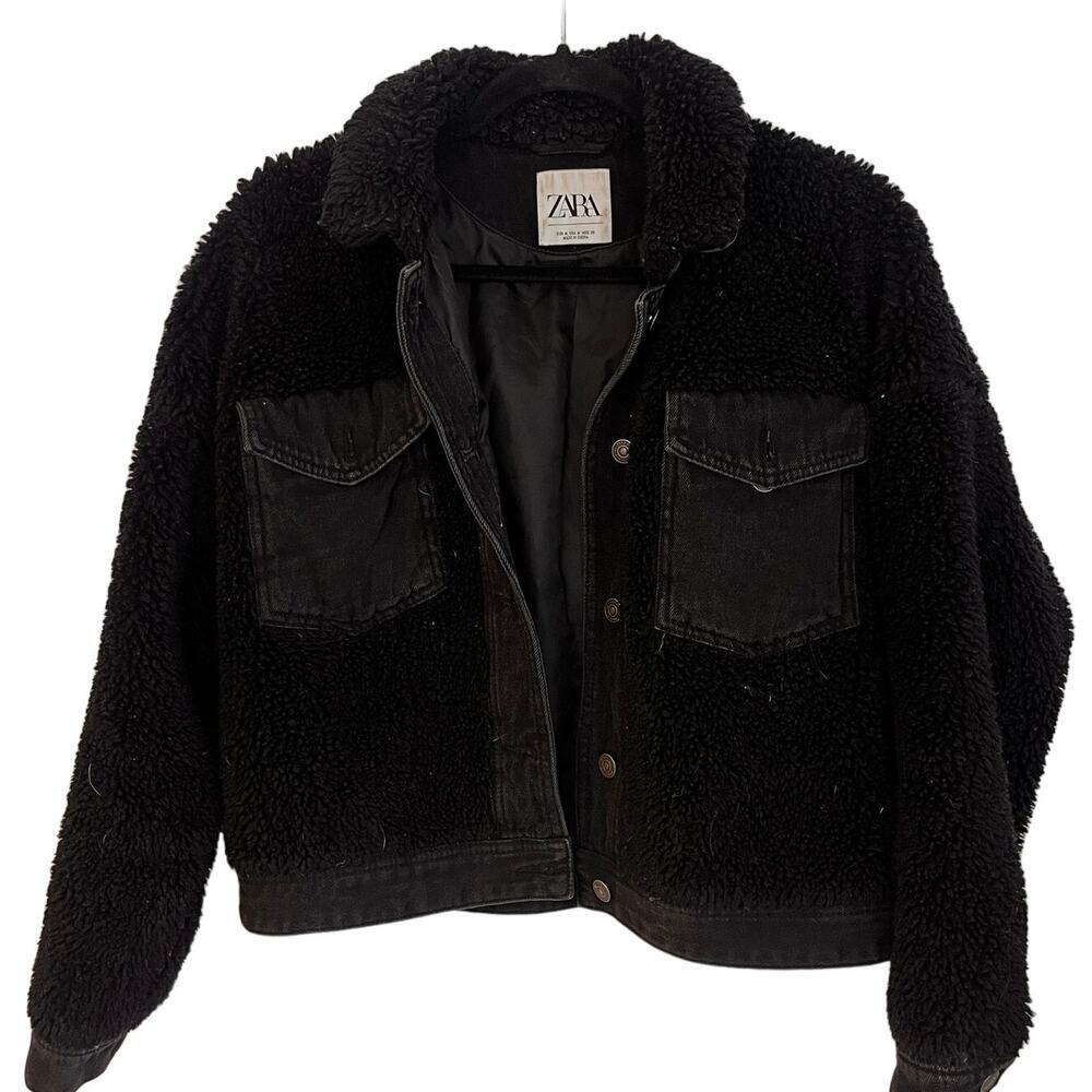 Zara Sherpa Faux Shearling Button Front Denim Jacket Black Size Medium